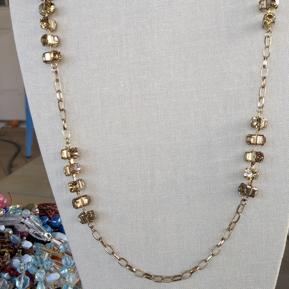 2 Vintage Gold Tone Layered Necklaces Champagne Glass Crystal Square Link Set - Picture 8 of 12